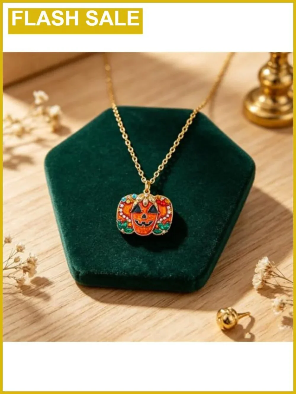Rhinestone Pumpkin Pendant Necklace Gold-Tone Link Chain Halloween Thanksgiving